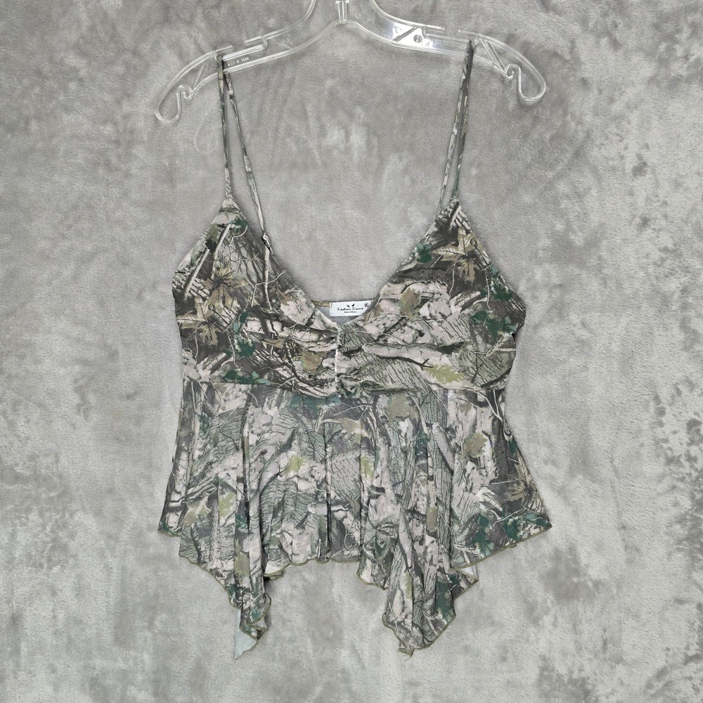 Rebellious Dreamer Cami Top Women XL Green Camo Ruched Asymmetrical Mesh Y2K‎